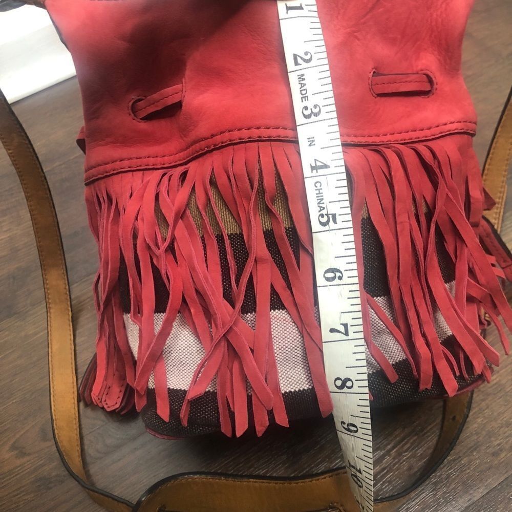 Burberry Belgrove Red Fringe Suede‎ Leather Nova Check Bucket Bag Crossbody - Picture 12 of 13